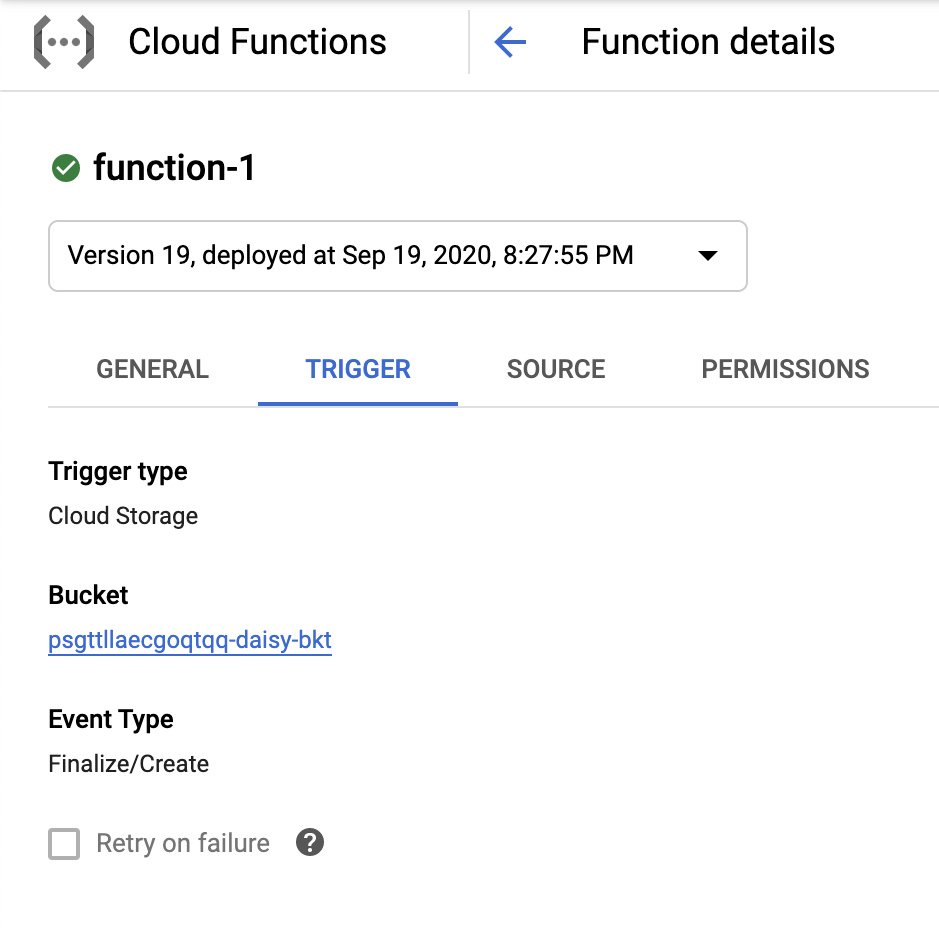 Screenshot of Cloud Function with trigger on bucket