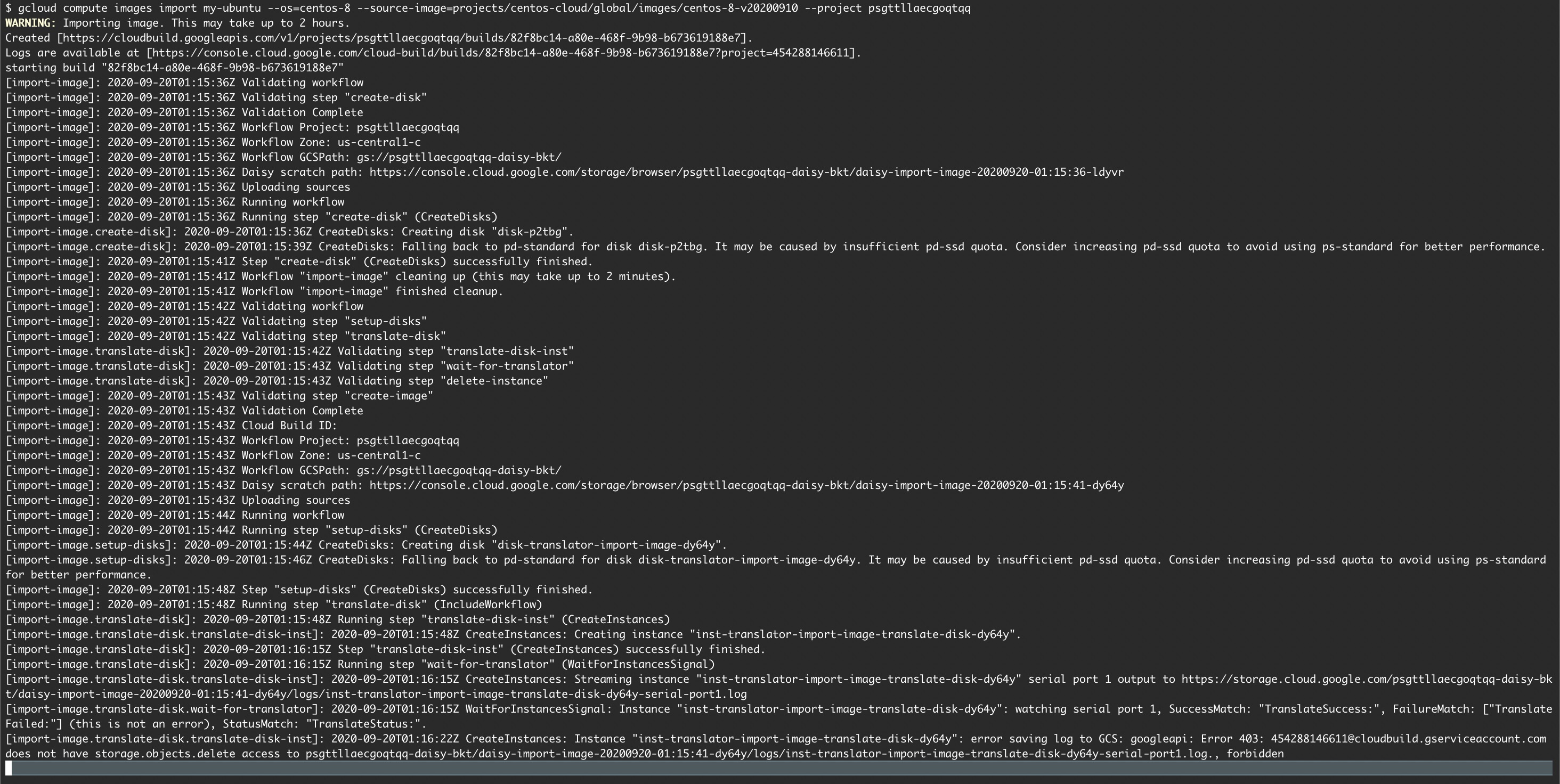 Screenshot of victim running gcloud images import